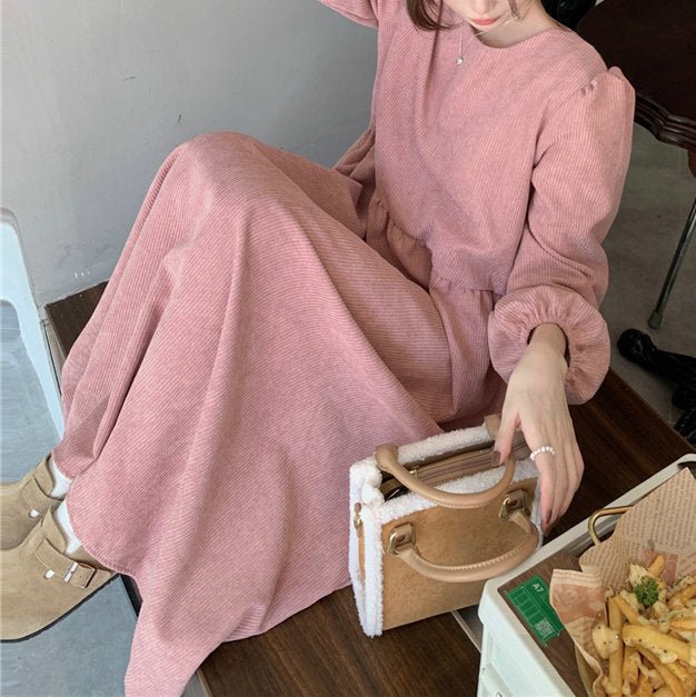 French Corduroy Lantern Sleeve Maxi Dress | Elastic Cuff Gathered Dress(MS206) - Mariam's Collection