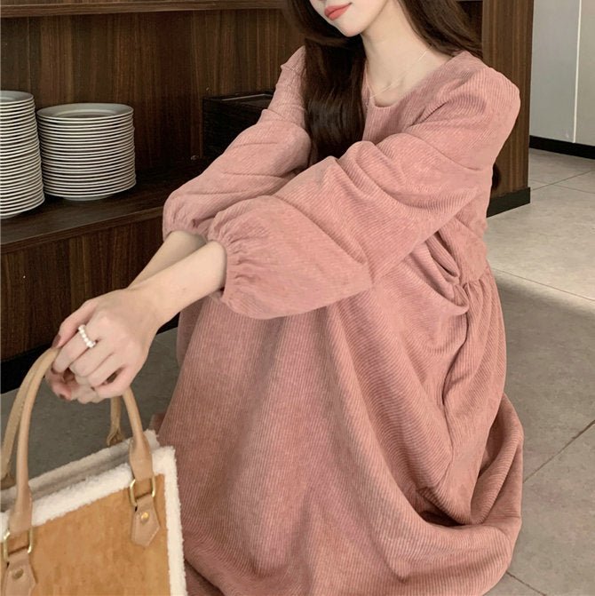 French Corduroy Lantern Sleeve Maxi Dress | Elastic Cuff Gathered Dress(MS206) - Mariam's Collection