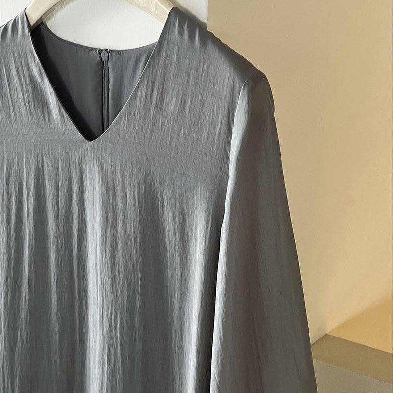 Back view of relaxed straight-cut french mermaid maxi dress
