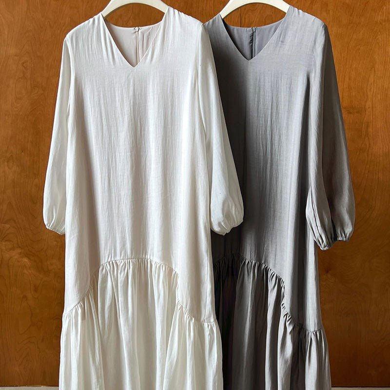 Close-up of soft V-neckline on the modest maxi dress