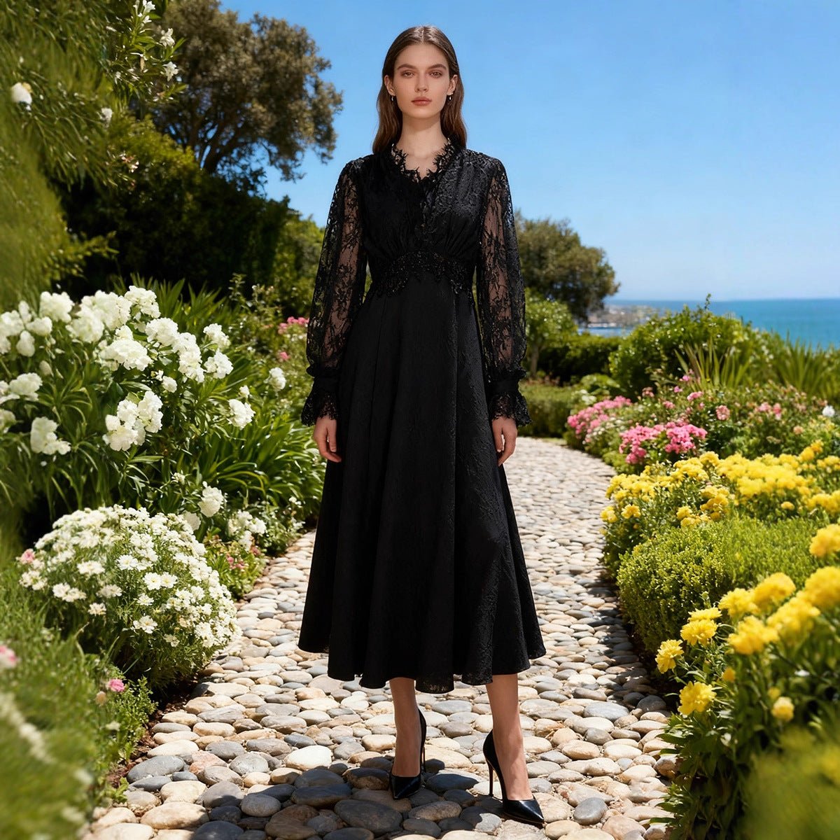 French Lace V - Neck Maxi Dress(MS361) - Mariam's Collection