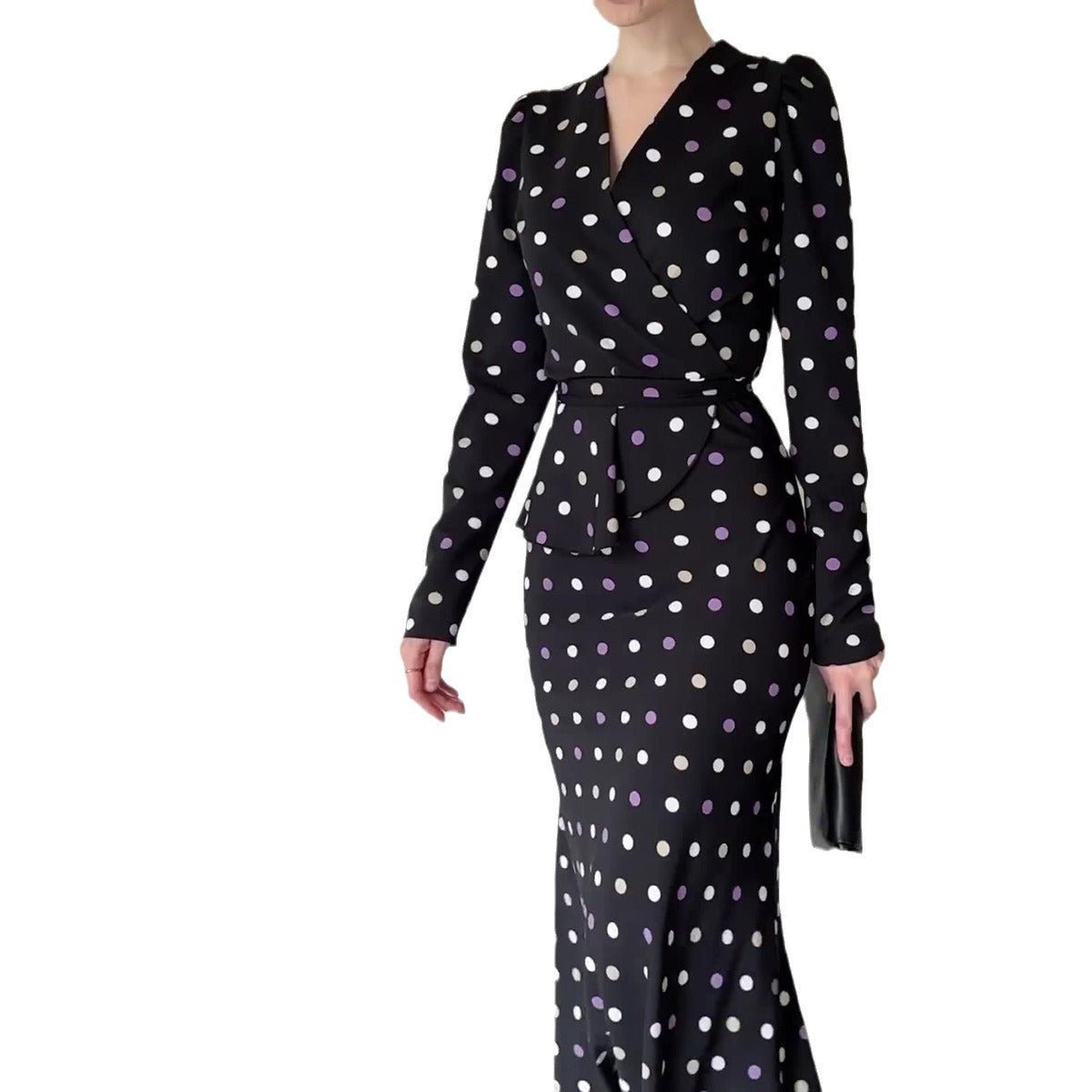 French Polka Dot V - Neck Fishtail Wedding and Holiday Dress Abaya. (MA197) - Mariam's Collection