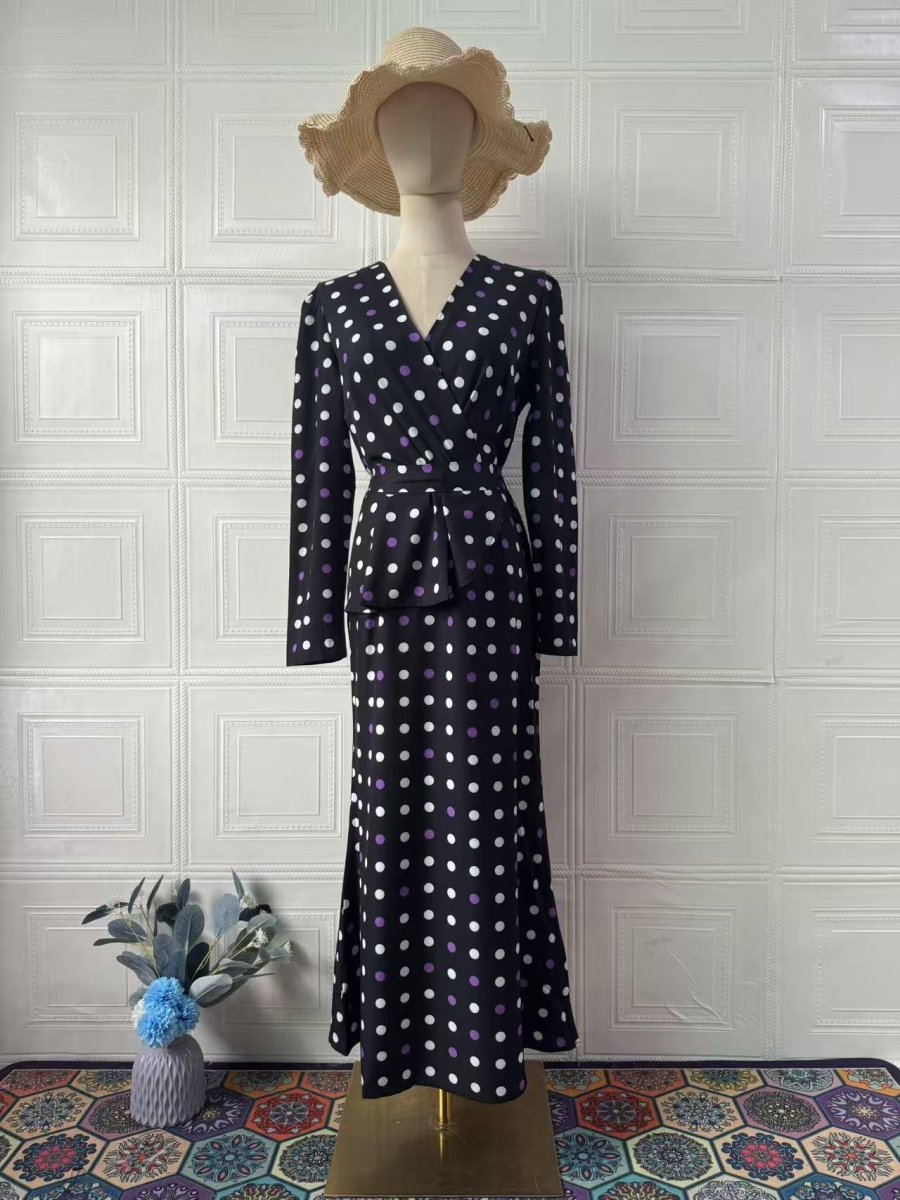 French Polka Dot V - Neck Fishtail Wedding and Holiday Dress Abaya. (MA197) - Mariam's Collection