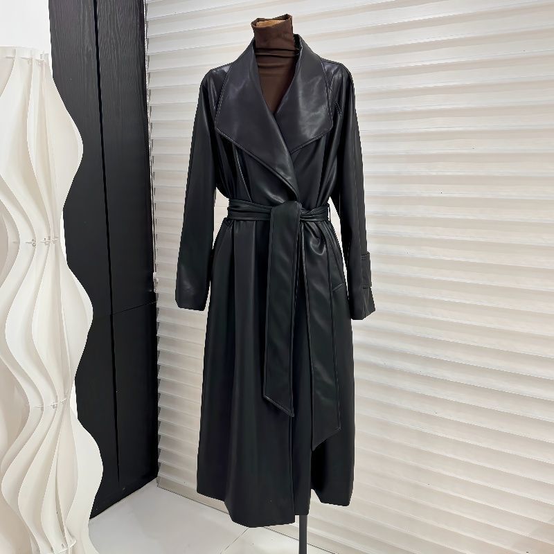French Style Leather Trench Coat | Wide Lapel Belted Mid - Length Jacket(MS144) - Mariam's Collection