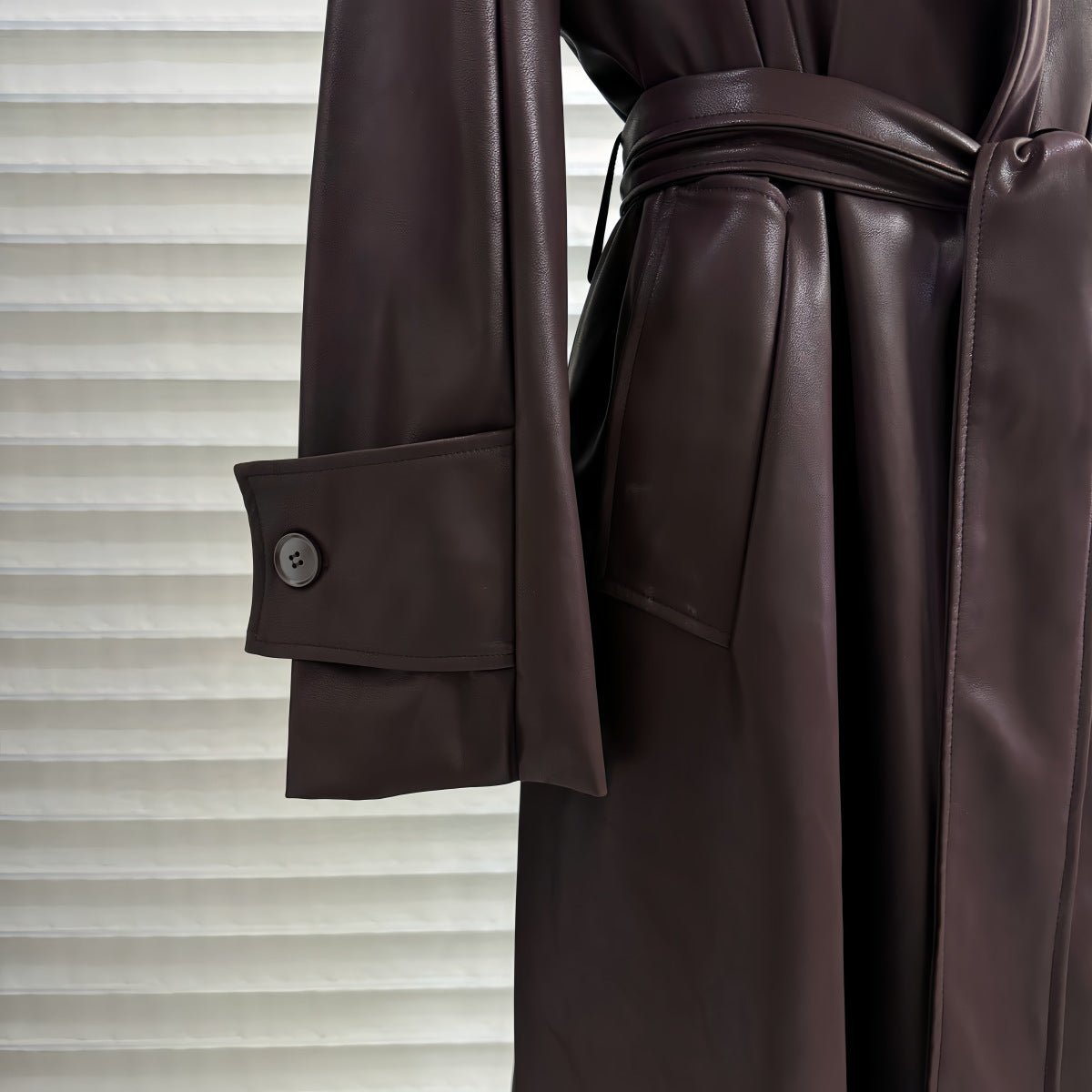 French Style Leather Trench Coat | Wide Lapel Belted Mid - Length Jacket(MS144) - Mariam's Collection