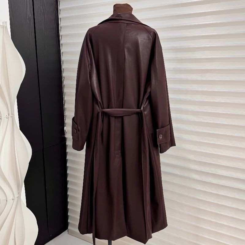 French Style Leather Trench Coat | Wide Lapel Belted Mid - Length Jacket(MS144) - Mariam's Collection