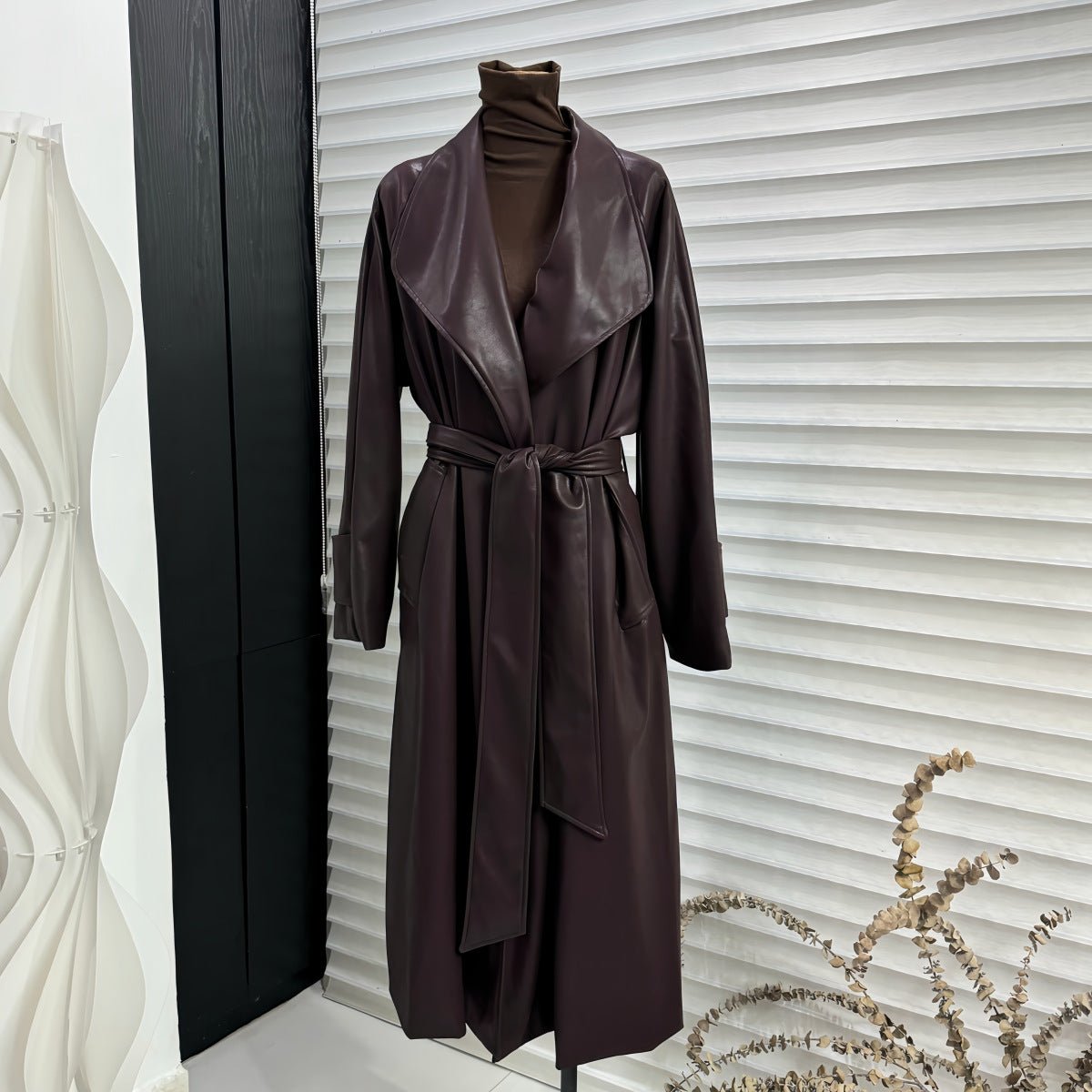 French Style Leather Trench Coat | Wide Lapel Belted Mid - Length Jacket(MS144) - Mariam's Collection