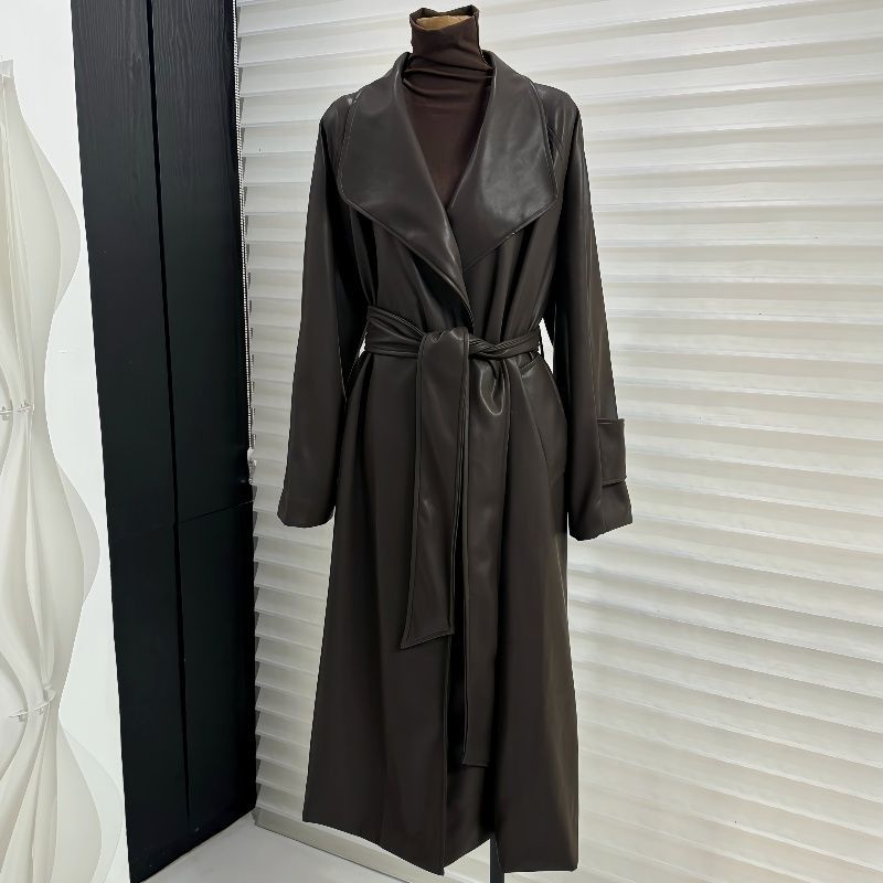 French Style Leather Trench Coat | Wide Lapel Belted Mid - Length Jacket(MS144) - Mariam's Collection