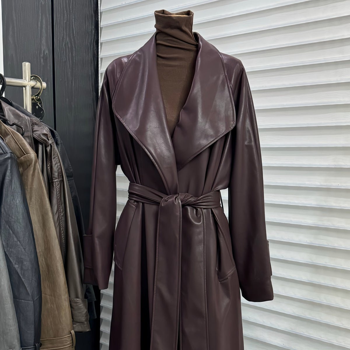 French Style Leather Trench Coat | Wide Lapel Belted Mid - Length Jacket(MS144) - Mariam's Collection