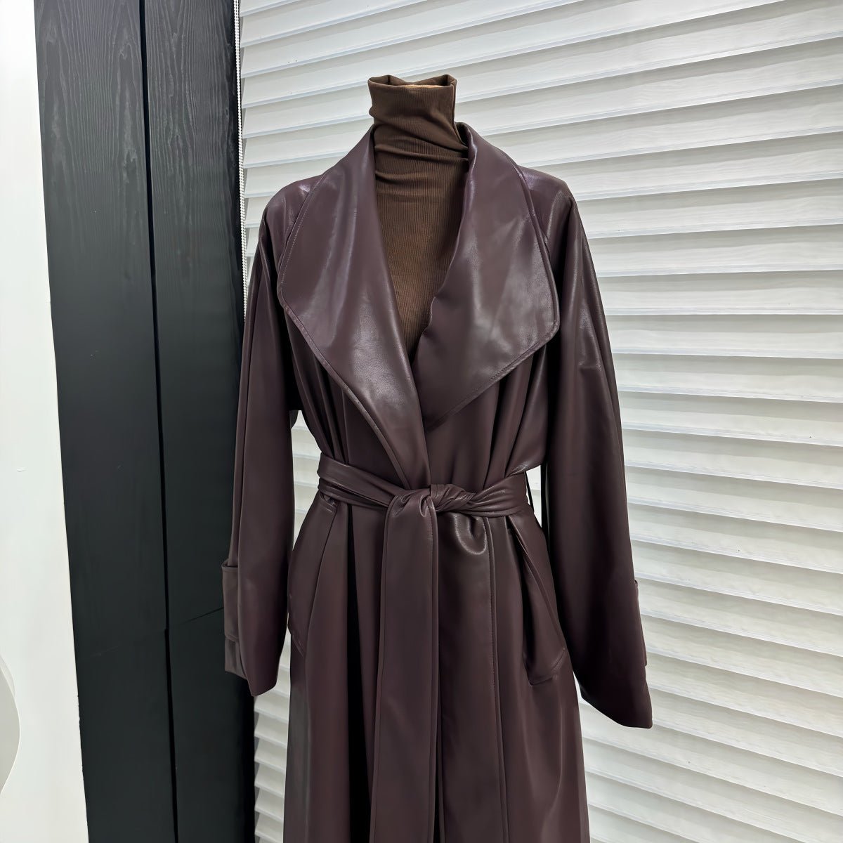 French Style Leather Trench Coat | Wide Lapel Belted Mid - Length Jacket(MS144) - Mariam's Collection