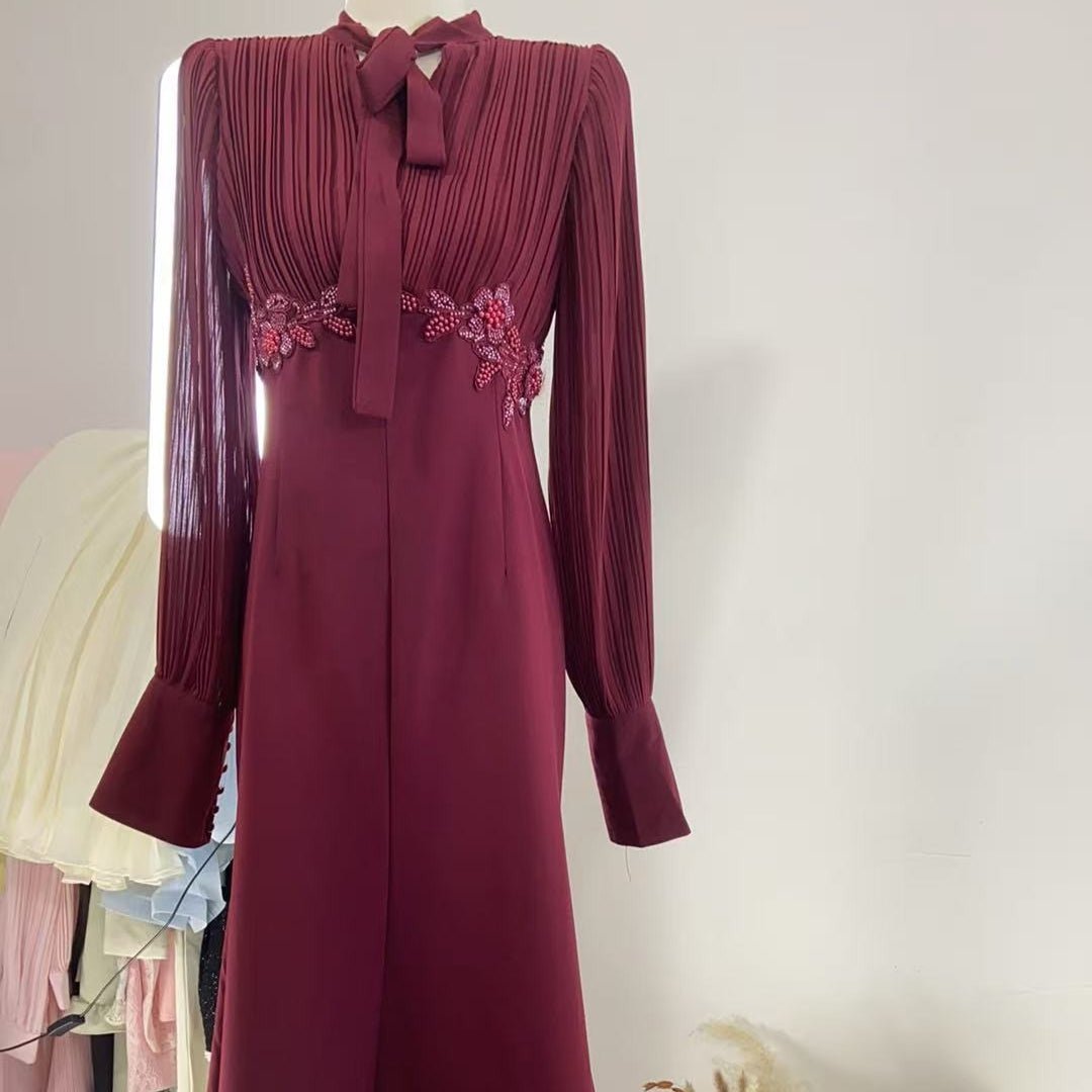 French - Style Pleated Bodice Dress with Bow - Neck(MS309) - Mariam's Collection