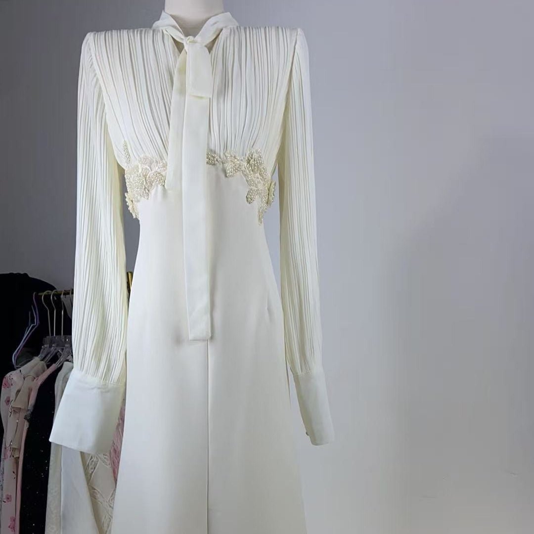 French - Style Pleated Bodice Dress with Bow - Neck(MS309) - Mariam's Collection