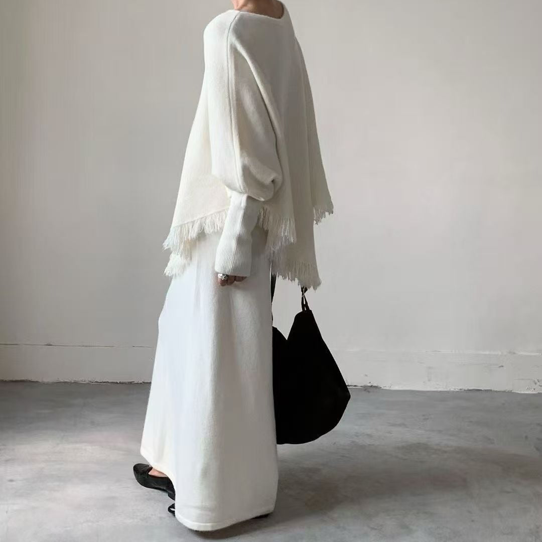 Fringed Knit Batwing Sleeve Sweater & Skirt Set(MS172) - Mariam's Collection