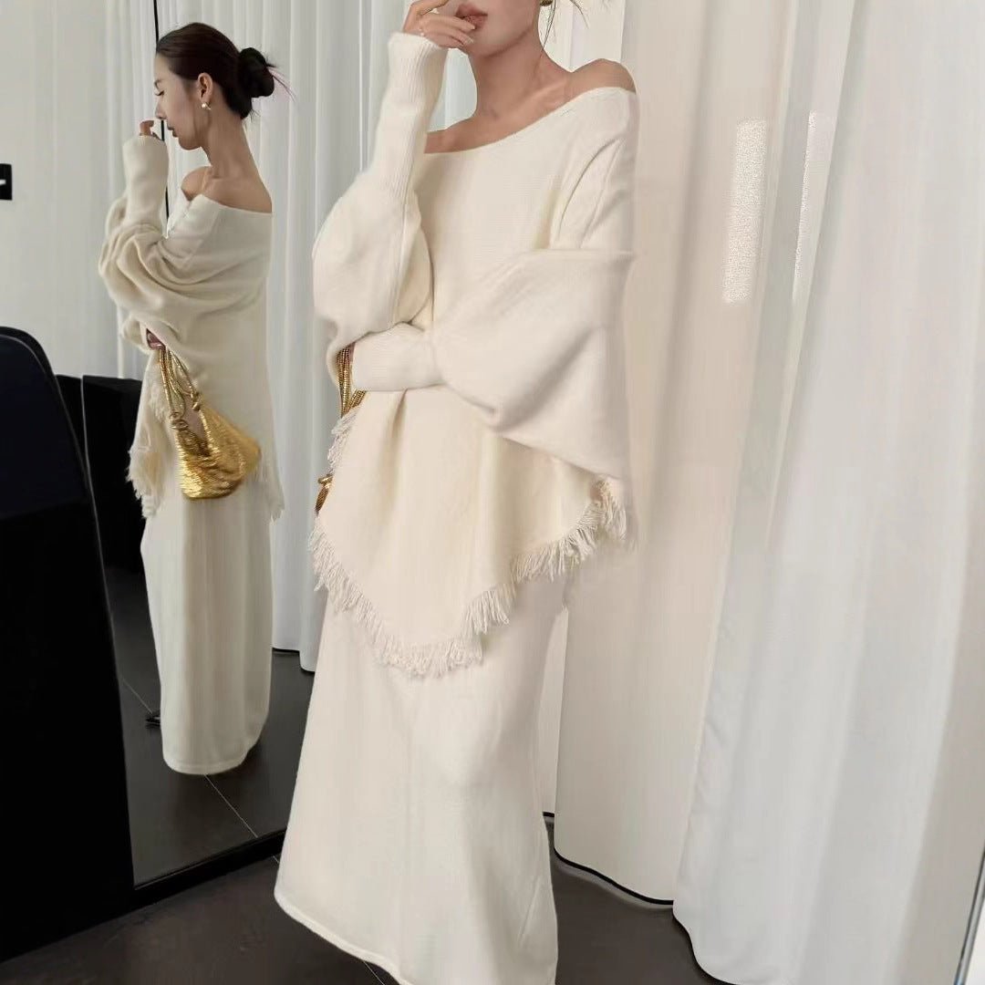 Fringed Knit Batwing Sleeve Sweater & Skirt Set(MS172) - Mariam's Collection