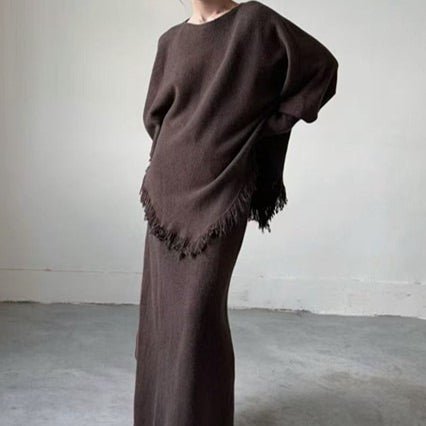 Fringed Knit Batwing Sleeve Sweater & Skirt Set(MS172) - Mariam's Collection