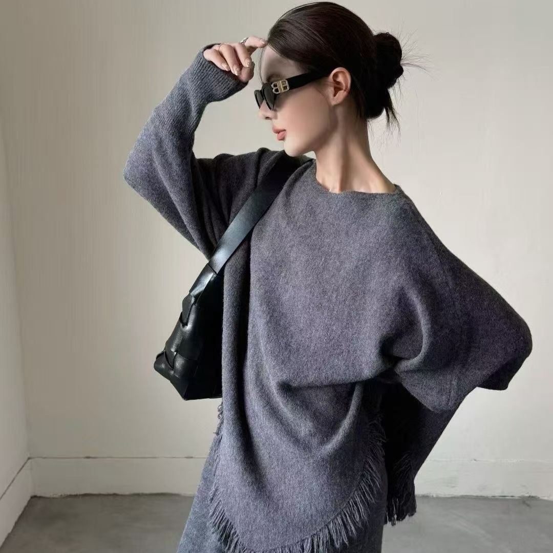 Fringed Knit Batwing Sleeve Sweater & Skirt Set(MS172) - Mariam's Collection