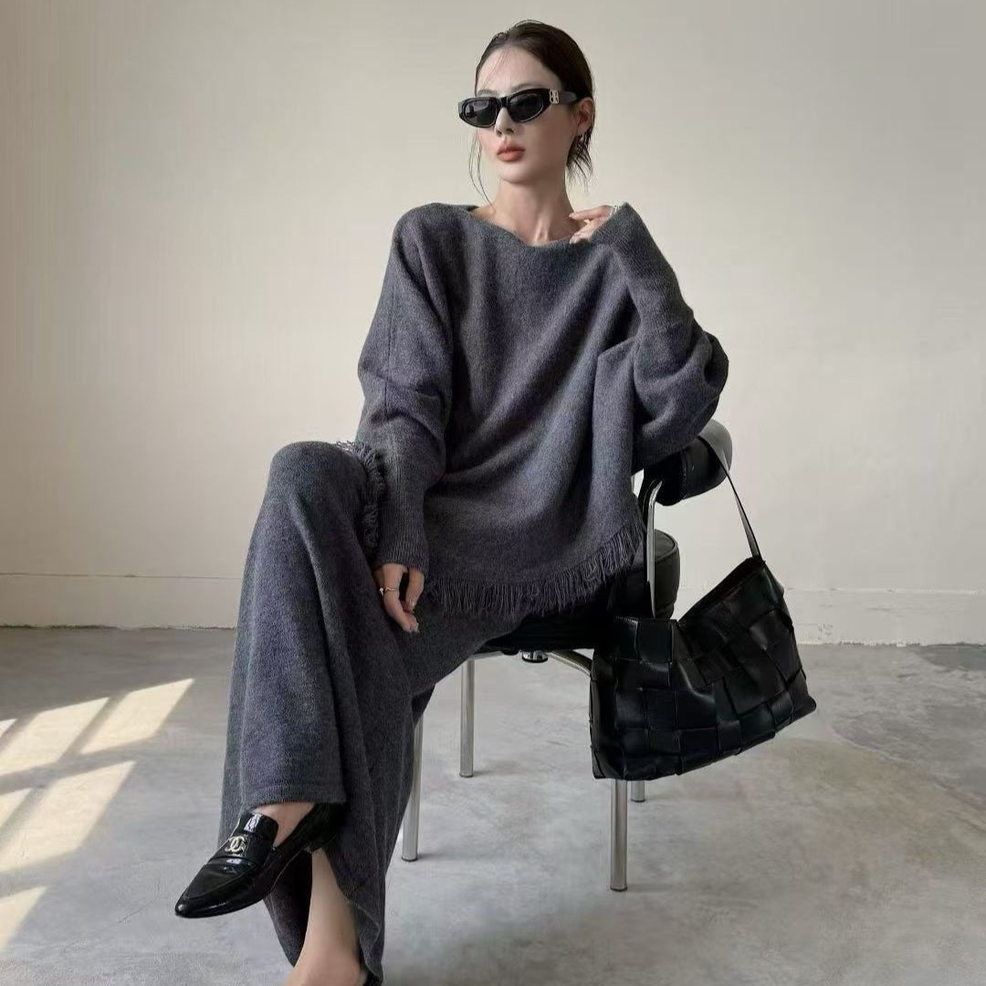 Fringed Knit Batwing Sleeve Sweater & Skirt Set(MS172) - Mariam's Collection