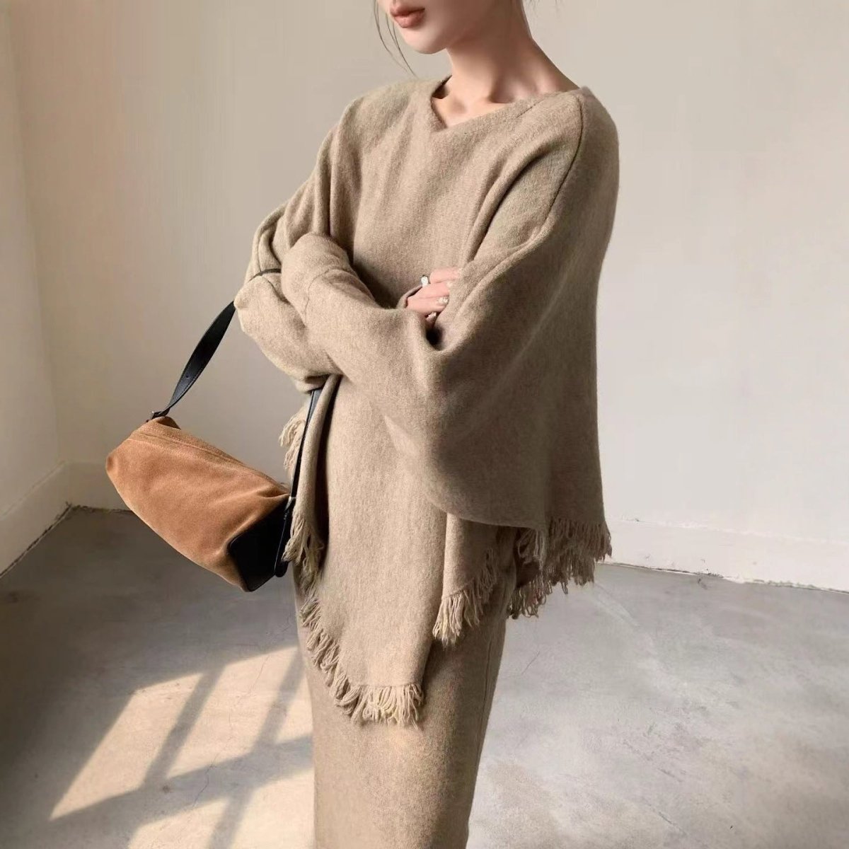 Fringed Knit Batwing Sleeve Sweater & Skirt Set(MS172) - Mariam's Collection