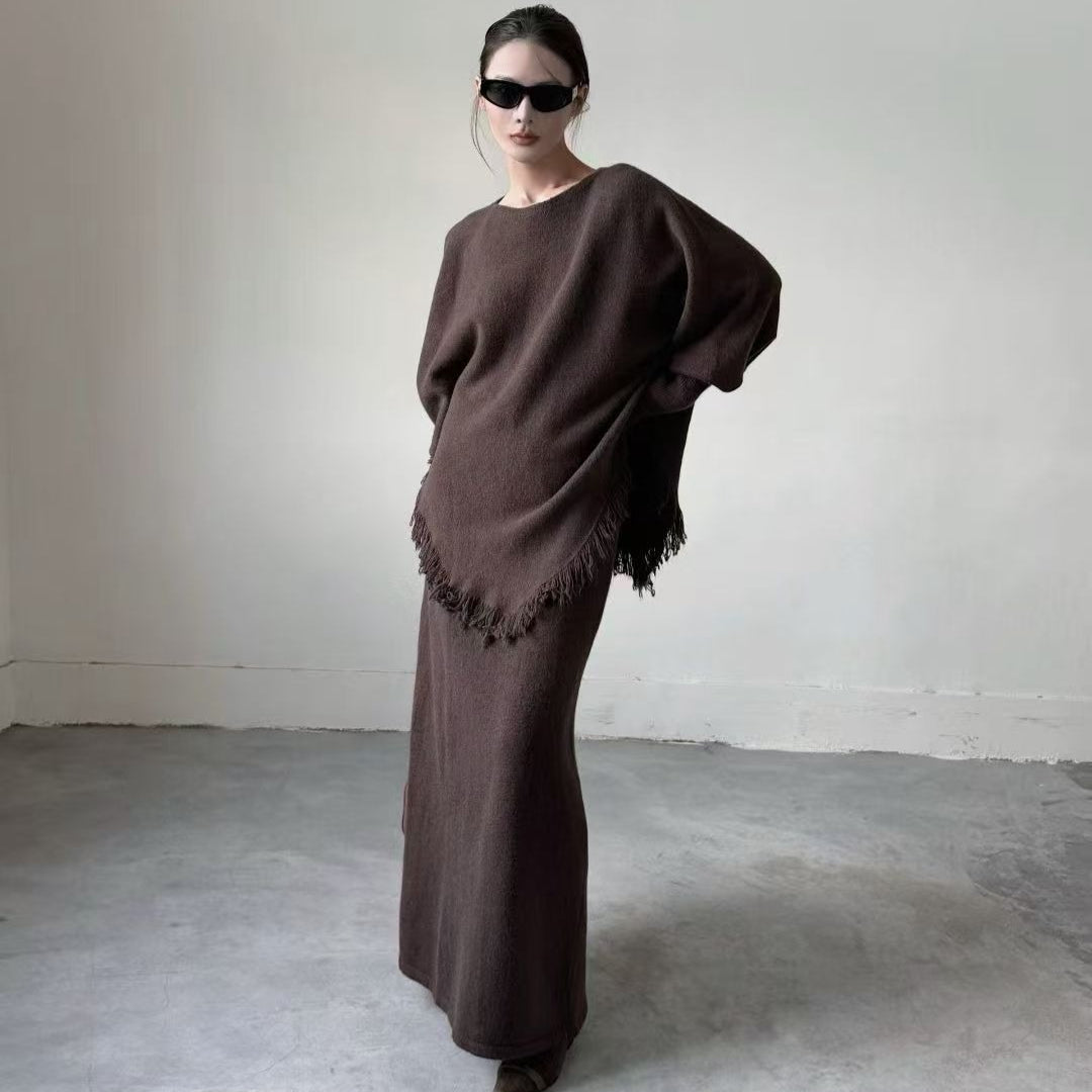 Fringed Knit Batwing Sleeve Sweater & Skirt Set(MS172) - Mariam's Collection