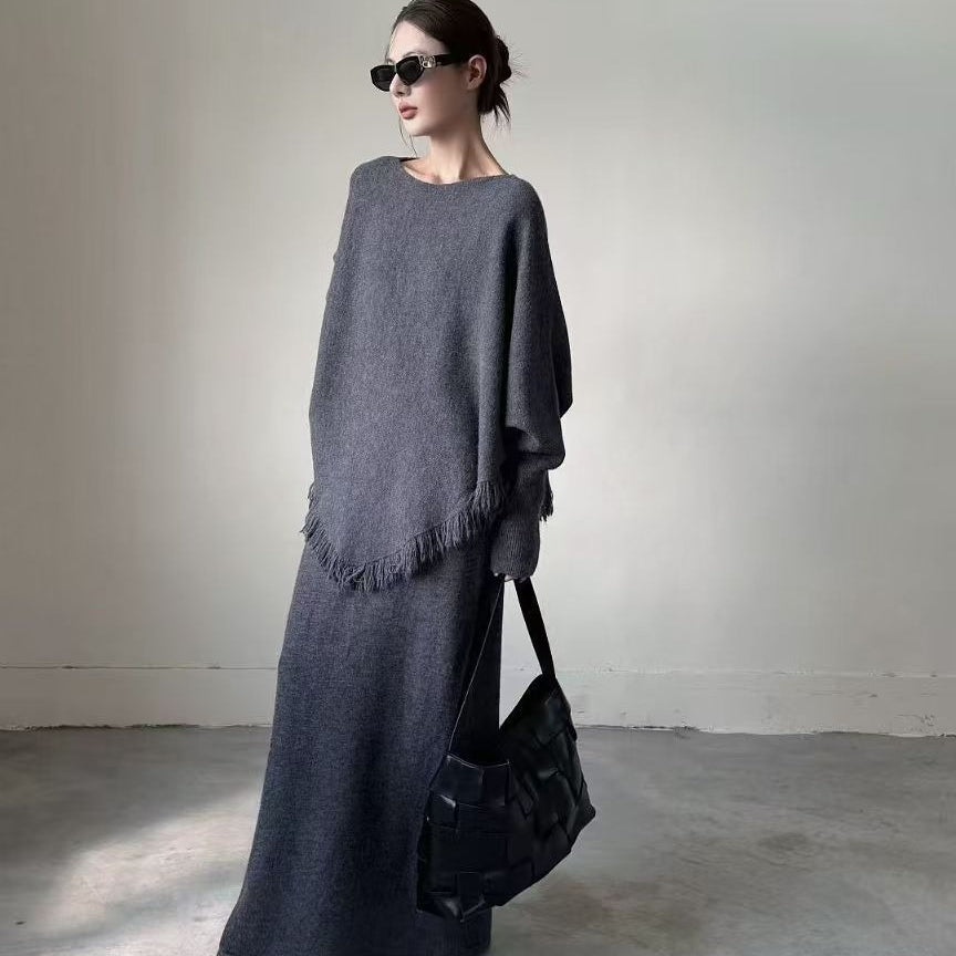 Fringed Knit Batwing Sleeve Sweater & Skirt Set(MS172) - Mariam's Collection