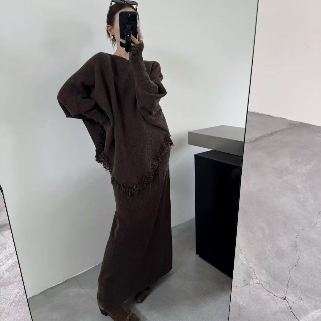 Fringed Knit Batwing Sleeve Sweater & Skirt Set(MS172) - Mariam's Collection