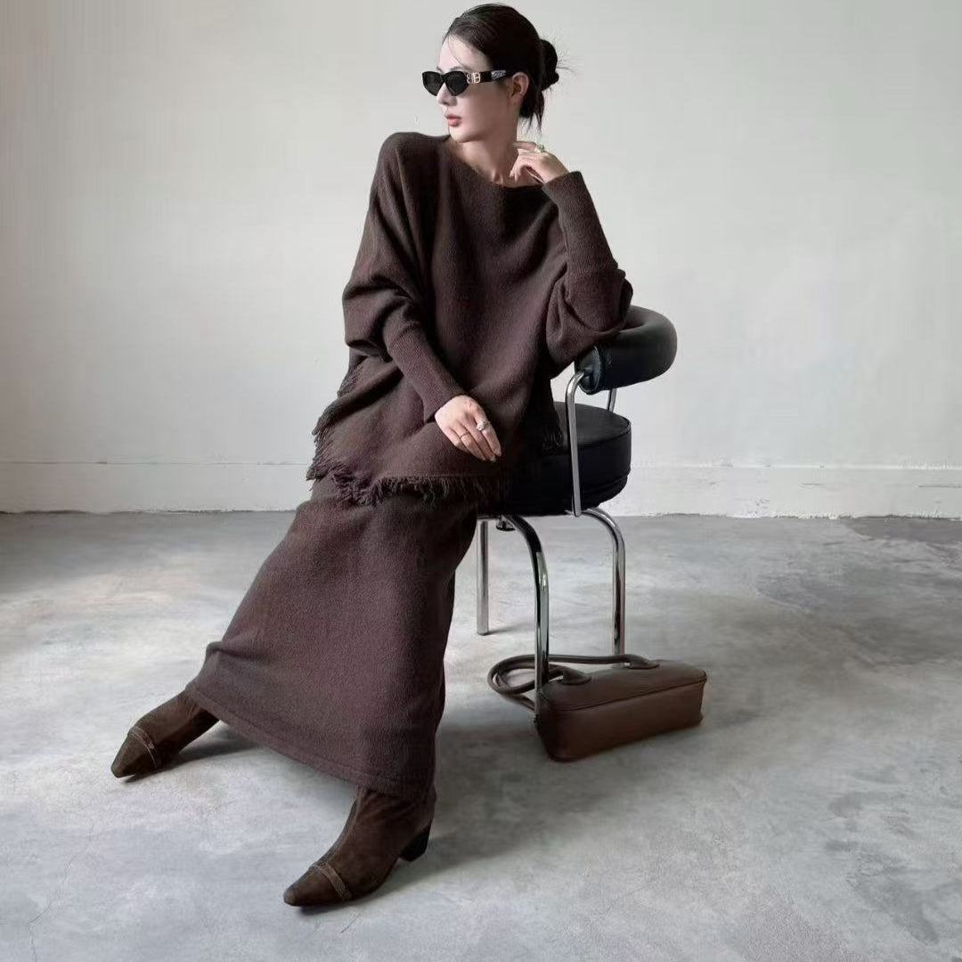 Fringed Knit Batwing Sleeve Sweater & Skirt Set(MS172) - Mariam's Collection