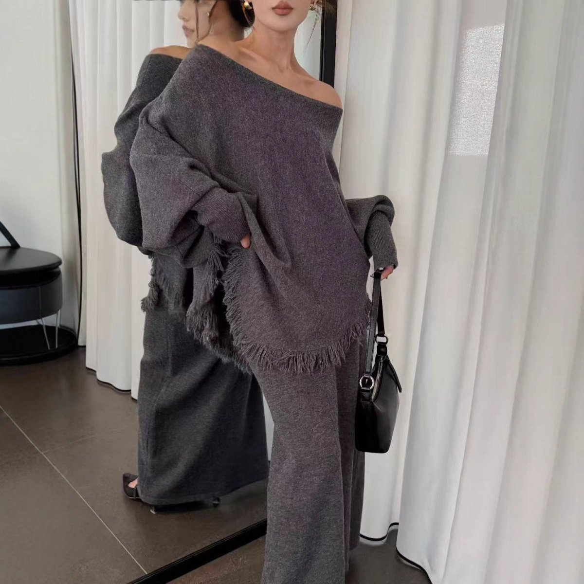 Fringed Knit Batwing Sleeve Sweater & Skirt Set(MS172) - Mariam's Collection