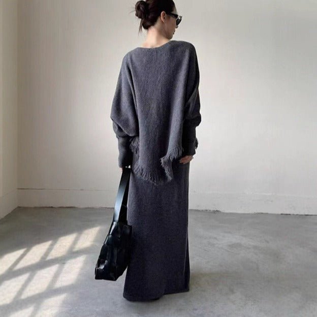 Fringed Knit Batwing Sleeve Sweater & Skirt Set(MS172) - Mariam's Collection
