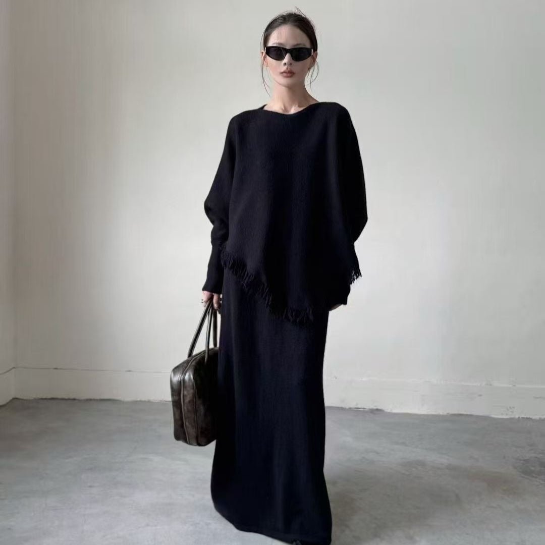 Fringed Knit Batwing Sleeve Sweater & Skirt Set(MS172) - Mariam's Collection