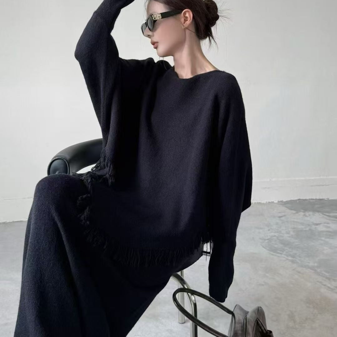 Fringed Knit Batwing Sleeve Sweater & Skirt Set(MS172) - Mariam's Collection