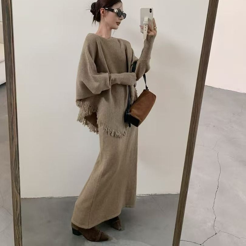 Fringed Knit Batwing Sleeve Sweater & Skirt Set(MS172) - Mariam's Collection