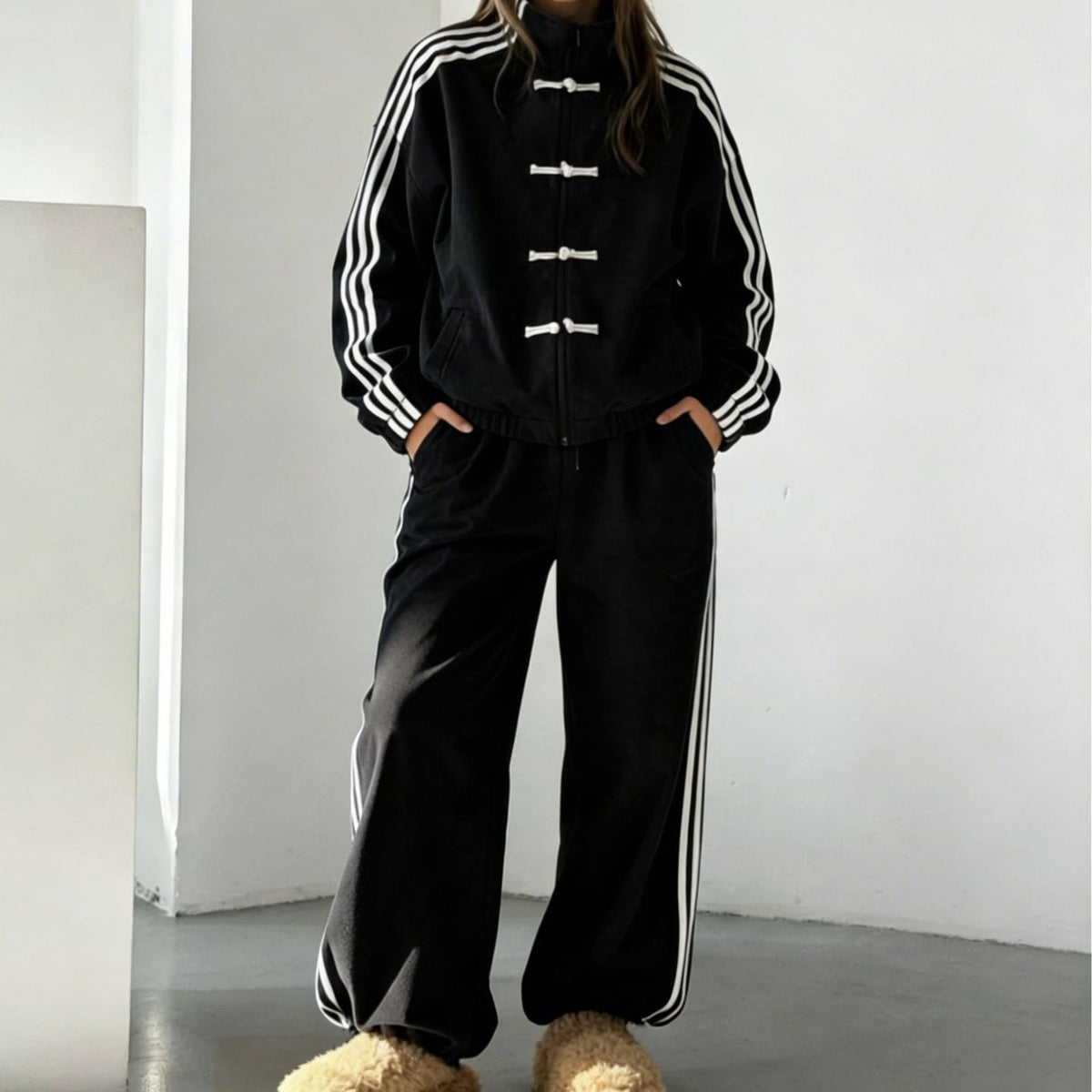 Full outfit view of the frog-button co-ord set