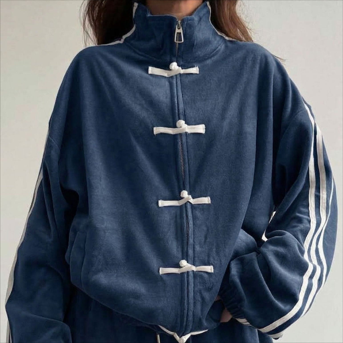 Mandarin collar close-up with traditional knot fastening