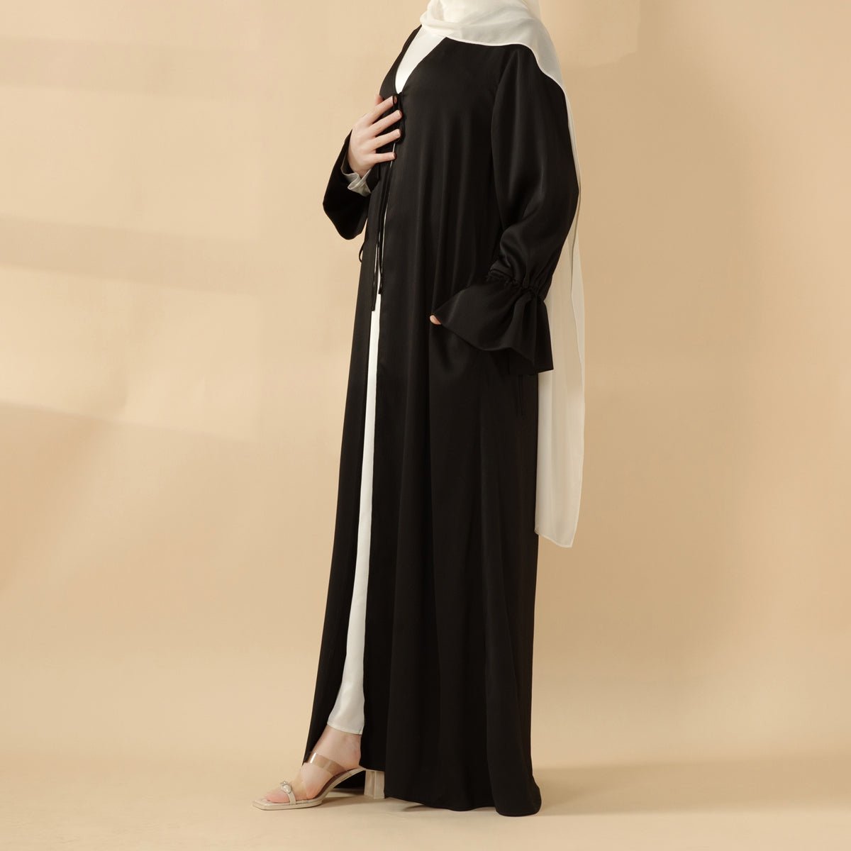Front Bowknot Ribbon Tie Abaya With Ruffle Sleeves (MOA117) - Mariam's Collection