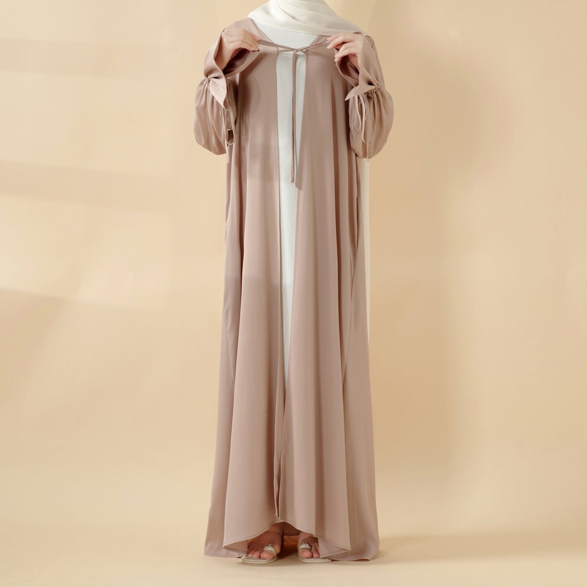 Front Bowknot Ribbon Tie Abaya With Ruffle Sleeves (MOA117) - Mariam's Collection