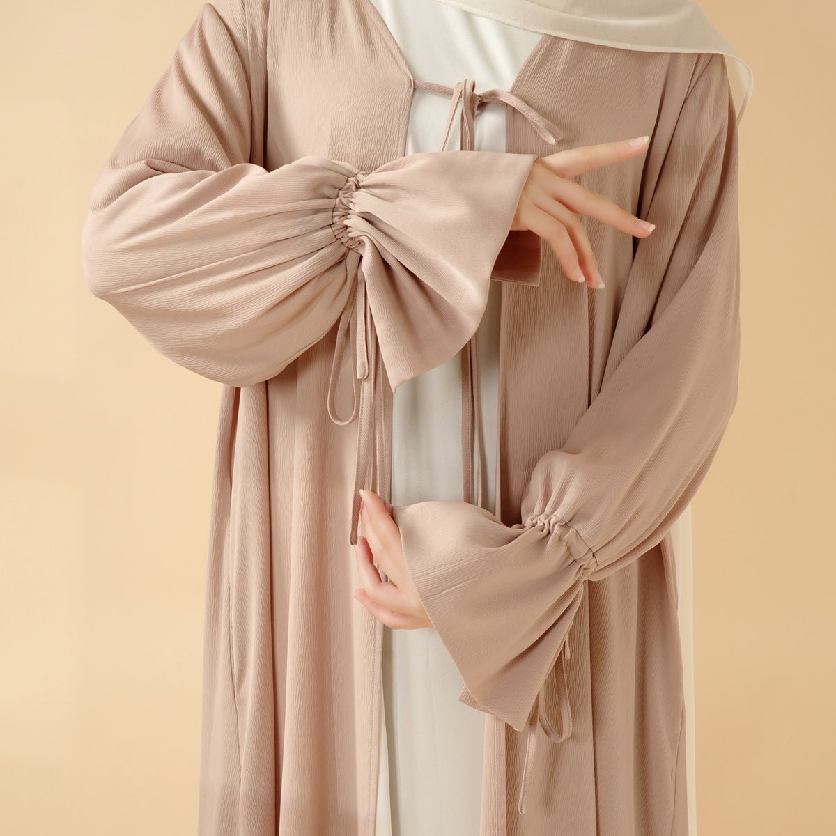 Front Bowknot Ribbon Tie Abaya With Ruffle Sleeves (MOA117) - Mariam's Collection