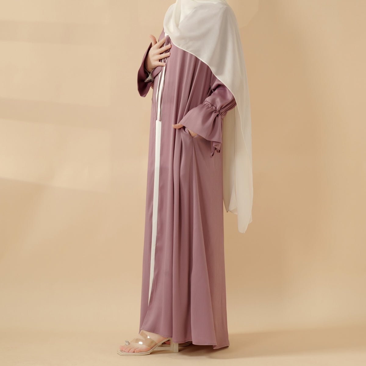 Front Bowknot Ribbon Tie Abaya With Ruffle Sleeves (MOA117) - Mariam's Collection