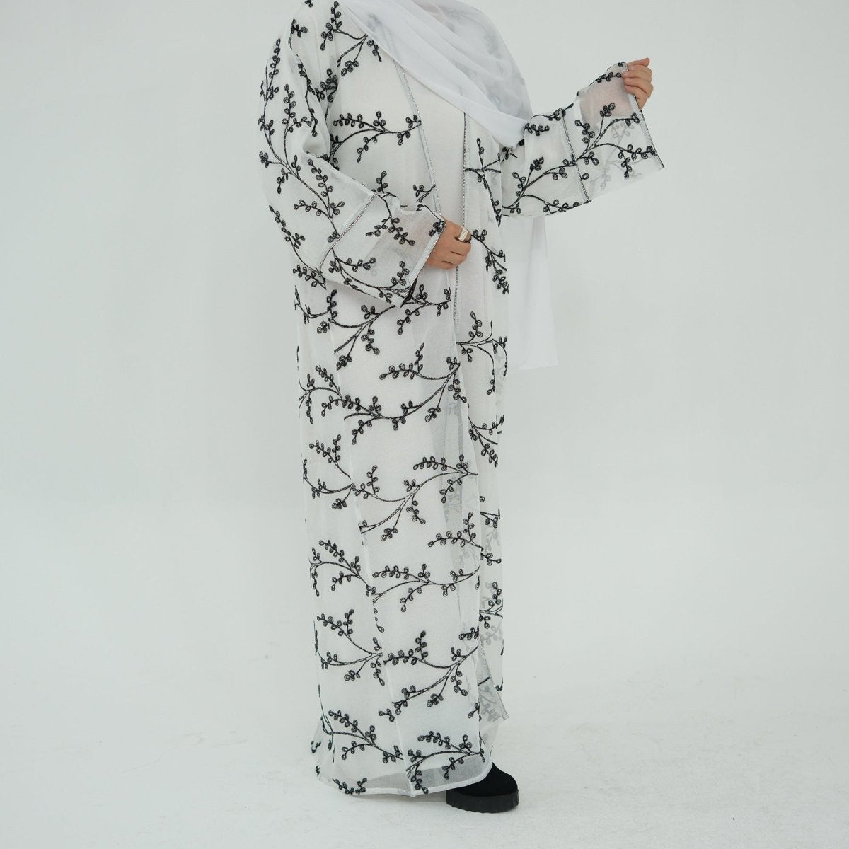 Fully Embroidered Abaya Set | Crystal Trim Vine Pattern Cardigan & Dress(MOA262) - Mariam's Collection