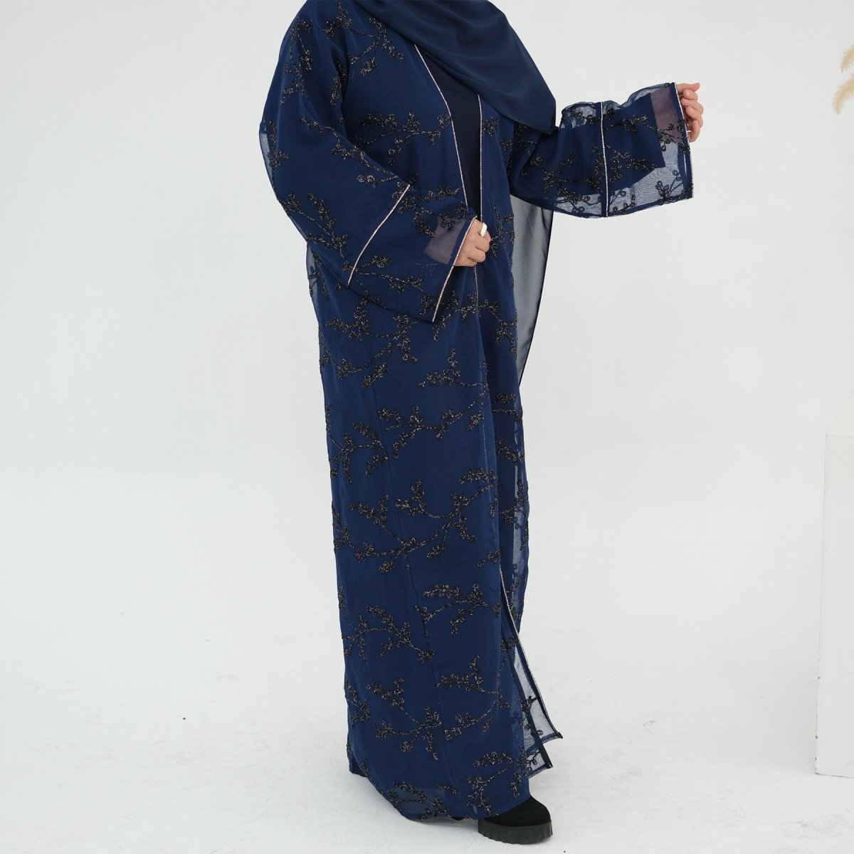 Fully Embroidered Abaya Set | Crystal Trim Vine Pattern Cardigan & Dress(MOA262) - Mariam's Collection