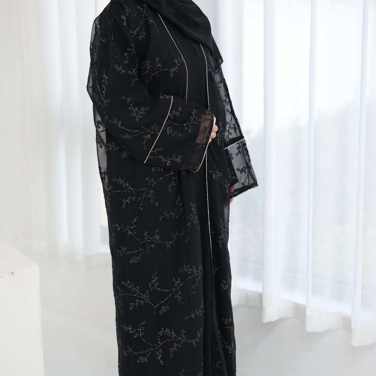 Fully Embroidered Abaya Set | Crystal Trim Vine Pattern Cardigan & Dress(MOA262) - Mariam's Collection