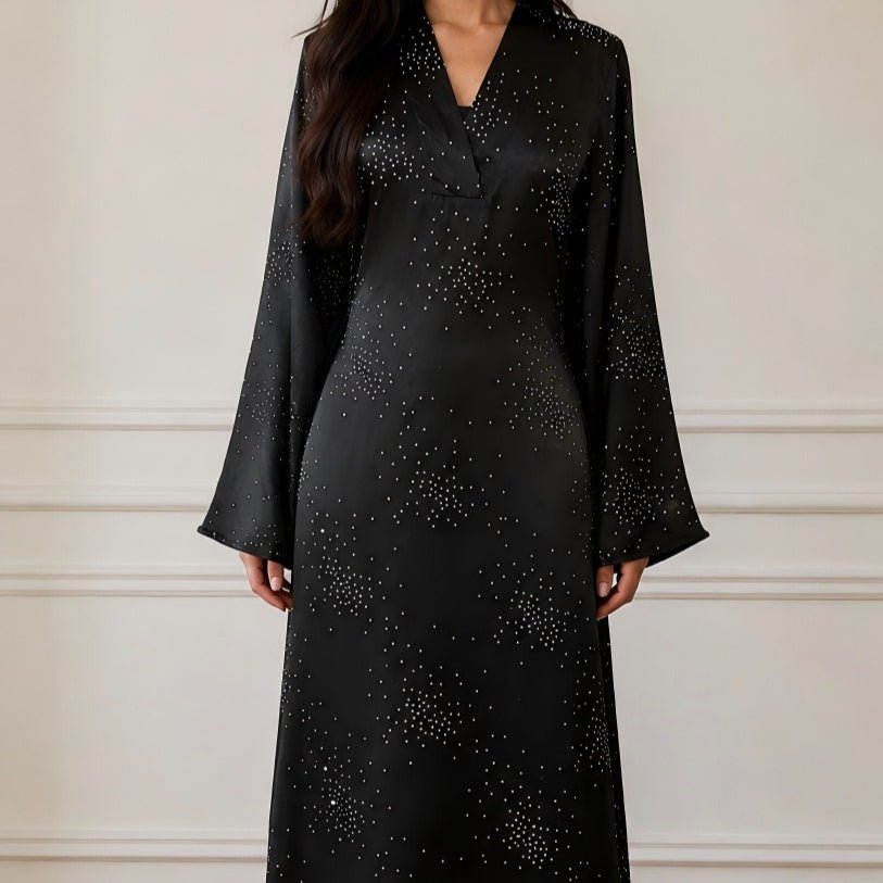 Galaxy Rhinestone Maxi Dress – Flared Sleeve Evening Dress