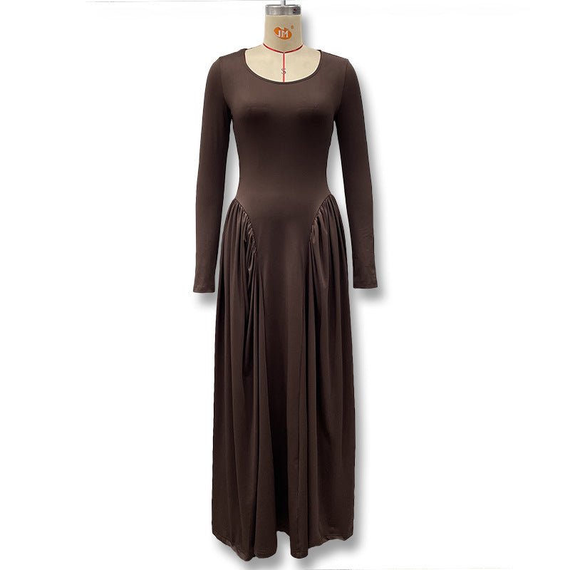 Gathered Waist Maxi Dress | U - Neck Long Sleeve Modal Dress(MS232) - Mariam's Collection