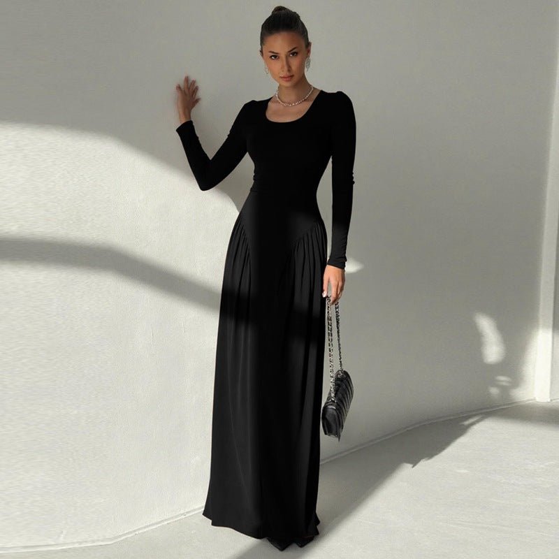Gathered Waist Maxi Dress | U - Neck Long Sleeve Modal Dress(MS232) - Mariam's Collection