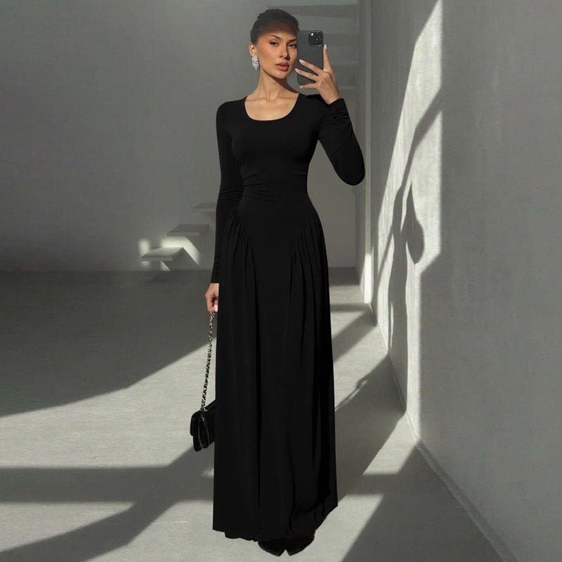 Gathered Waist Maxi Dress | U - Neck Long Sleeve Modal Dress(MS232) - Mariam's Collection