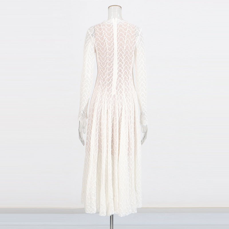 Geometric lace maxi dress in white with mock neckline and fitted silhouette