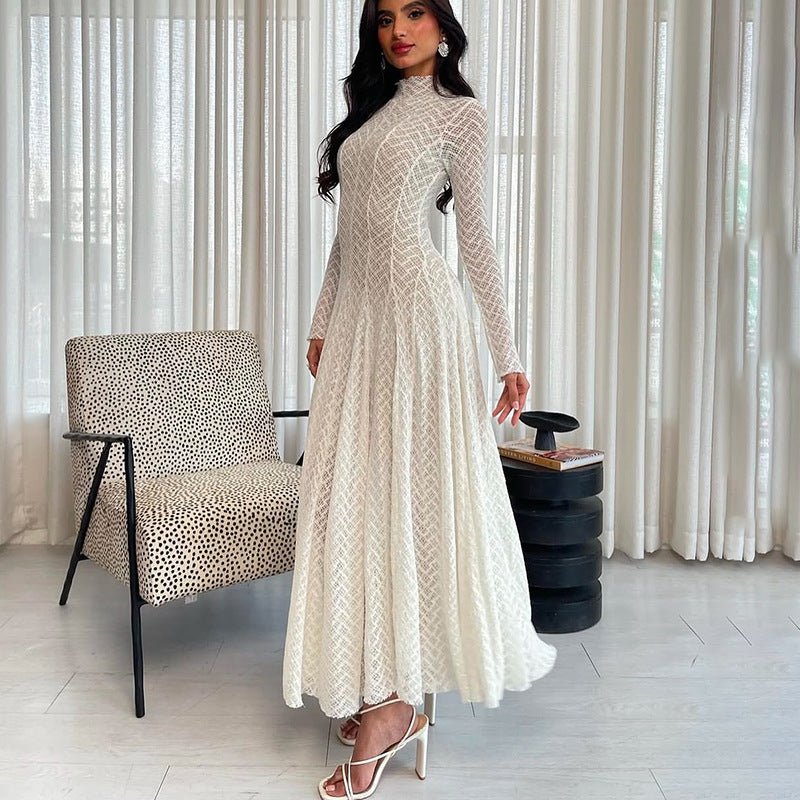 Geometric Lace Mock Neck Maxi Dress — Fitted Lace Modest Evening Dress