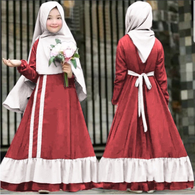 Girls Dress & Hijab Set with Contrast Trim(MKG025) - Mariam's Collection