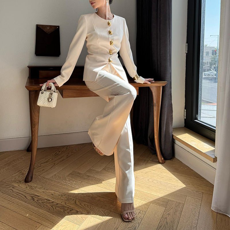 Gold Button Blazer & Straight Leg Pants Set — Modest Tailored Two-Piece