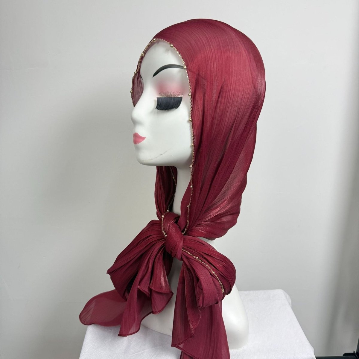 Muted tone crinkle satin hijab with full-length gold bead chain edge