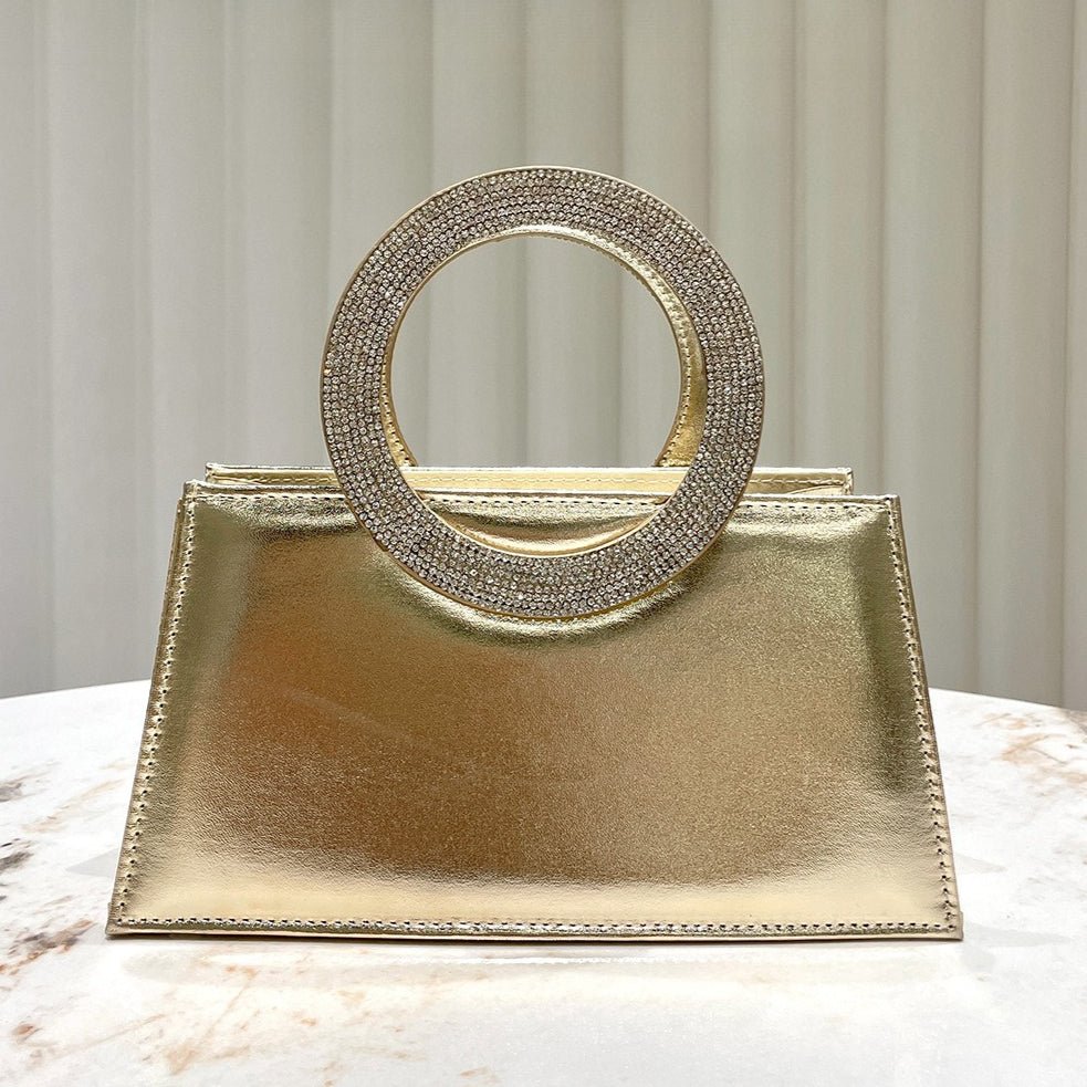 Gold Reflective Evening Clutch with Diamond - Studded Circular Handle (MAC294) - Mariam's Collection